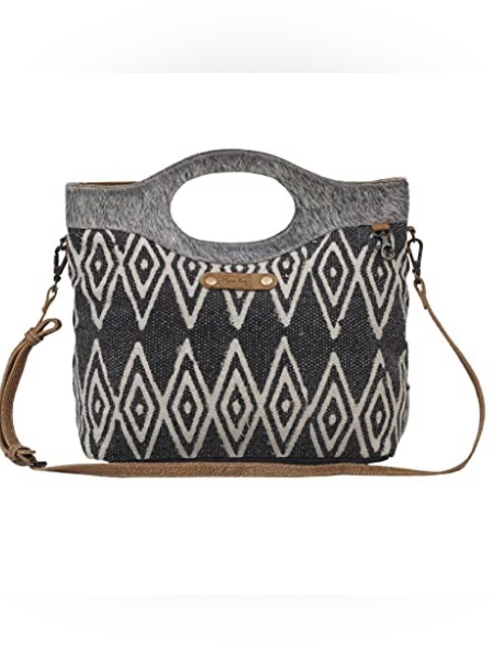 Myra Bag Black & White Geometric Shoulder Tote with Tan Strap